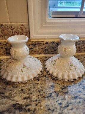 Fenton White Milk Glass Candle Holders Handpainted with Pink Floral Accents